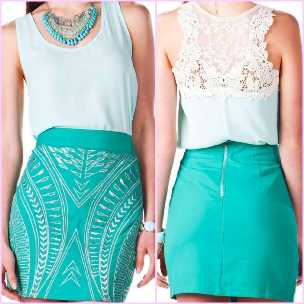 Jealous Tomato Green & Metallic Silver Embroidered Aztec Skirt - Picture 5 of 5